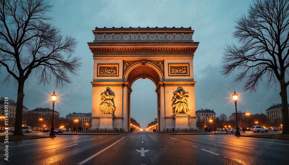 Arc de Triomphe under light drizzle, romantic ambiance in Paris Arc de Triomphe under light drizzle, romantic ambiance in Paris