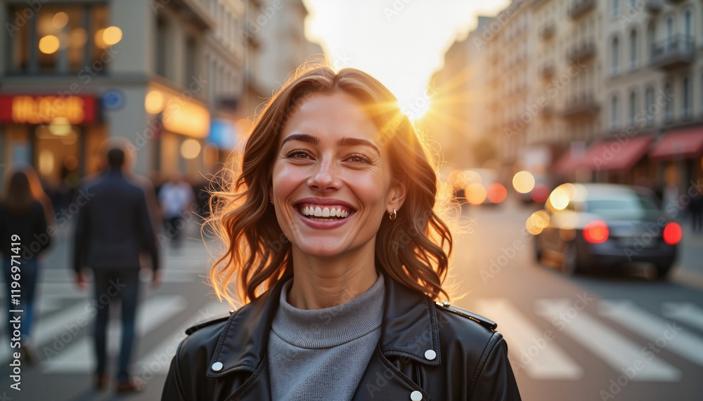 Fototapeta premium Delighted woman smiling on bustling street at dawn, joy and warmth