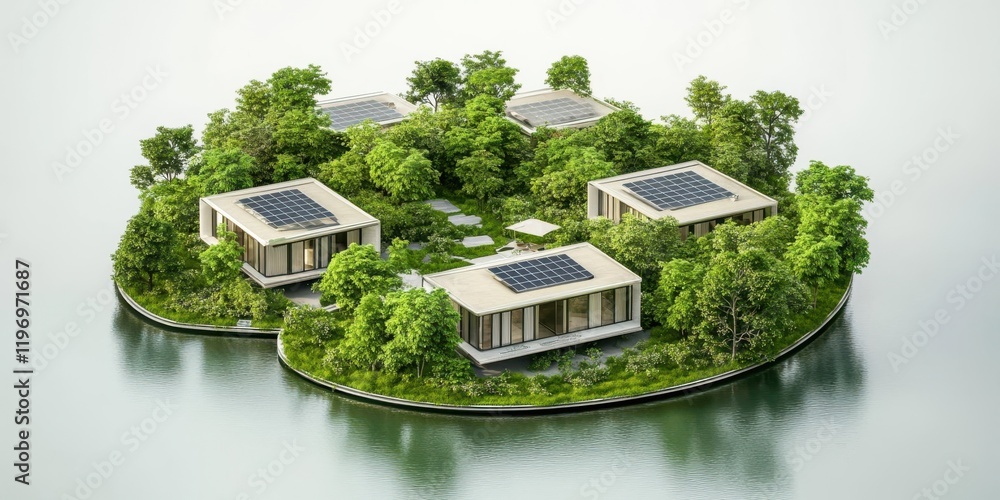 A modern eco-friendly housing complex on a lush island surrounded by water. A modern eco-friendly housing complex on a lush island surrounded by water.