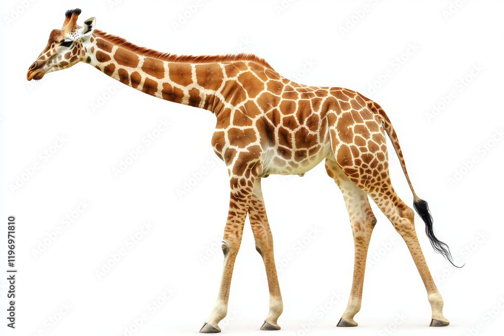 Fototapeta premium Giraffe walking, isolated on white background Distinctive coat pattern.