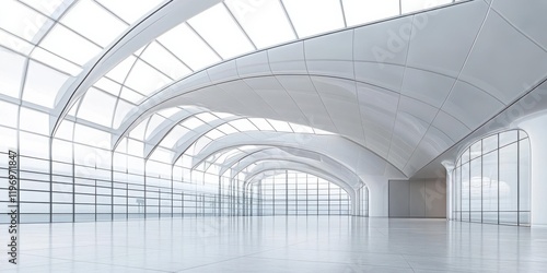 A spacious, modern interior with curved architecture and abundant natural light.