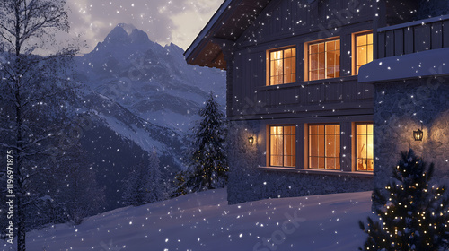 Cozy winter cabin with glowing windows surrounded by snow and mountains during snowfall photo