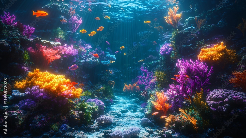 A fantastical coral reef glowing with radiant plants and shimmering multicolored fish A fantastical coral reef glowing with radiant plants and shimmering multicolored fish