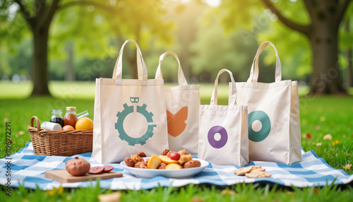 Colorful picnic setup with reusable bags in city park, eco-consciousness photo