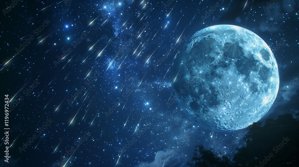 Obraz premium Meteors blaze across a night sky filled with stars, their paths illuminated by the brilliance of a full moon.