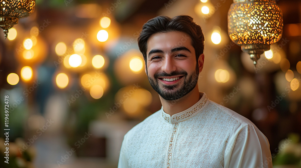 Smiling man in traditional attire celebrates Ramadan with vibrant lanterns in background Smiling man in traditional attire celebrates Ramadan with vibrant lanterns in background