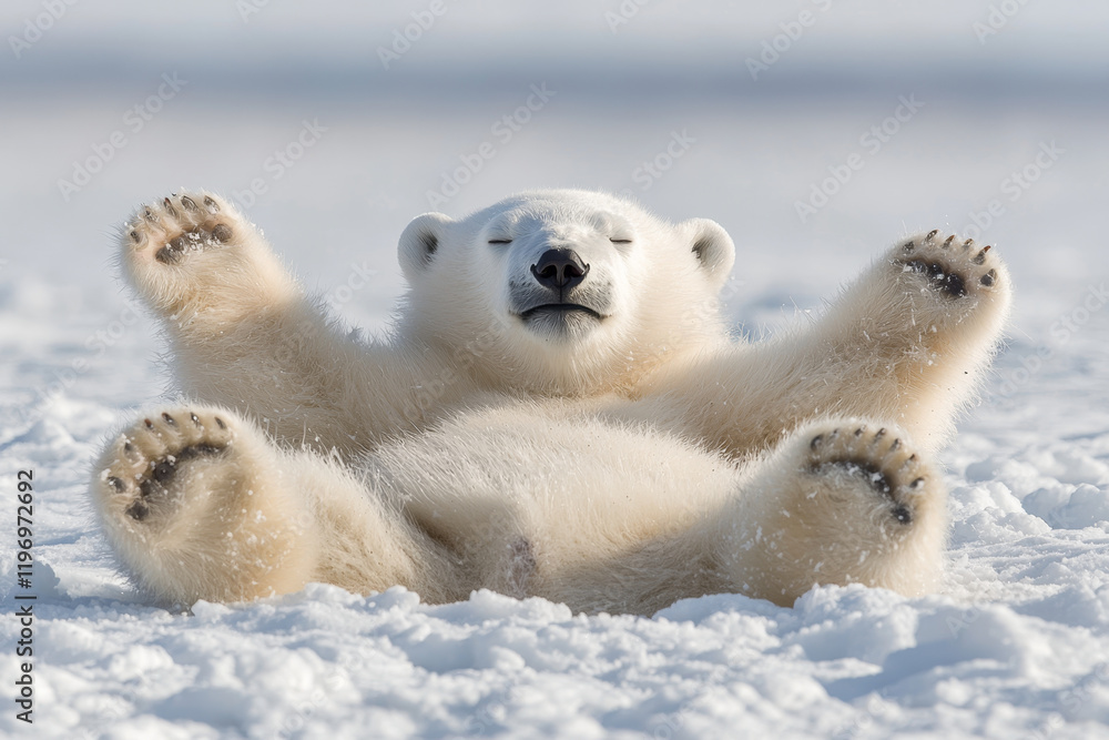 Polar bear cub relaxing in snow, paws outstretched. Polar bear cub relaxing in snow, paws outstretched.