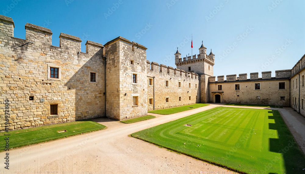 Historic Bastille Prison with ancient walls under bright blue sky, heritage Historic Bastille Prison with ancient walls under bright blue sky, heritage