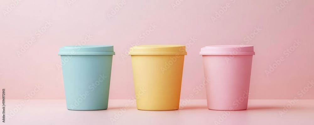 Three colorful cups in pastel shades (blue, yellow, pink) are lined up against a soft pink background, creating a cheerful and minimalist aesthetic. Three colorful cups in pastel shades (blue, yellow, pink) are lined up against a soft pink background, creating a cheerful and minimalist aesthetic.