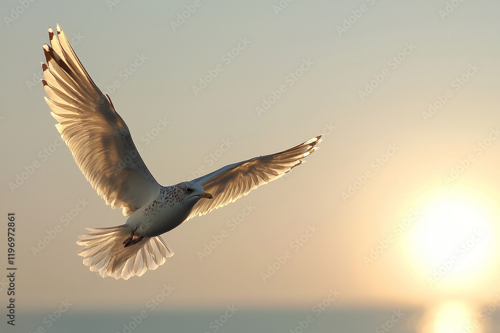 Fototapeta premium Seagull in flight at sunset, wings spread wide, golden light.