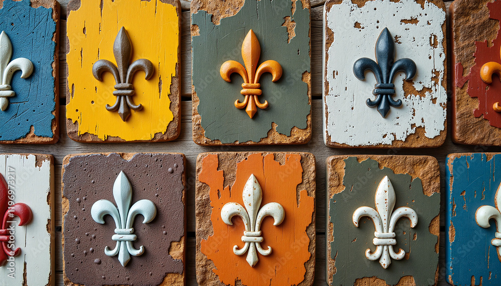 Fleur-de-lis symbols on textured tiles, artistic display Fleur-de-lis symbols on textured tiles, artistic display
