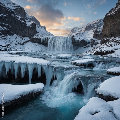A winter scene of snowy cliffs with a frozen waterfall cascading down, the icy water sparkling as it reflects the white light of the sky.