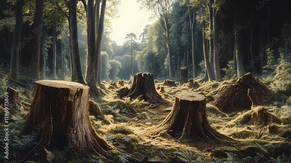 Tranquil Forest Landscape with Tree Stumps Surrounded by Lush Green Moss, Sunlight Filtering Through Tall Trees in a Serene Natural Setting Tranquil Forest Landscape with Tree Stumps Surrounded by Lush Green Moss, Sunlight Filtering Through Tall Trees in a Serene Natural Setting