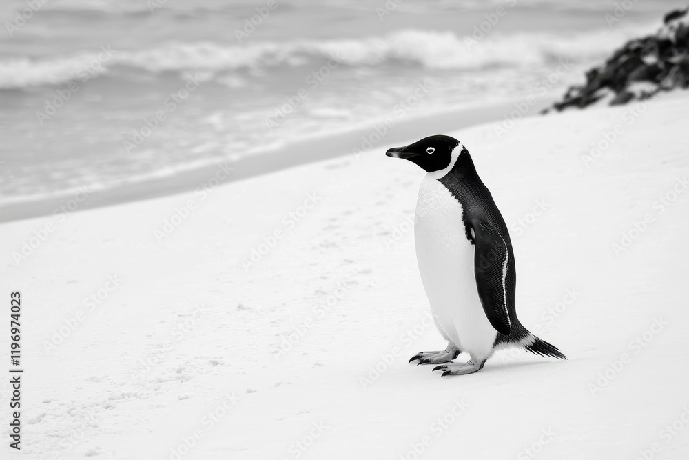 Fototapeta premium Solitary penguin on a white sandy beach, ocean waves in background.