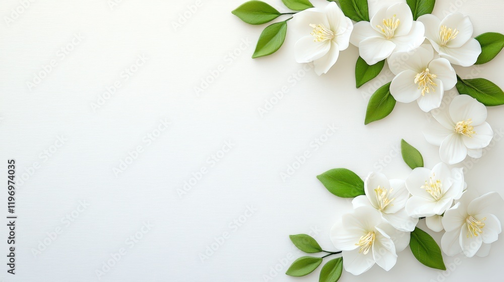Fototapeta premium Delicate white blossoms with verdant green foliage creating elegant border against pristine white background, highlighting botanical purity copy space for your text