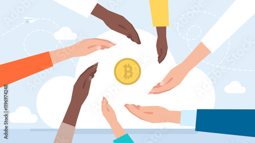 Hands with bitcoin. Cryptocurrencies investment visual concept. Businessman hands holding Cryptocurrencies. Successful Trader. Cryptocurrency exchange. Token production process. Vector illustration. 