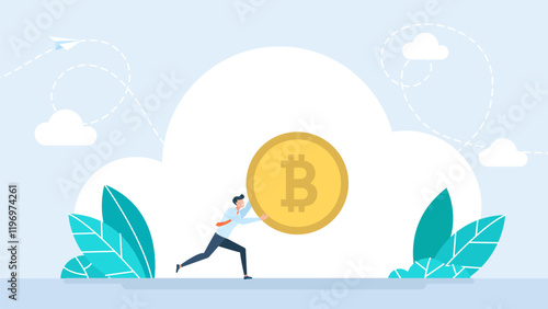 Motivated man running and found profit from crypto currency. Businessman running away with bitcoin. Man in business wear hurrying with big coin. Institution buying crypto currency. Vector illustration