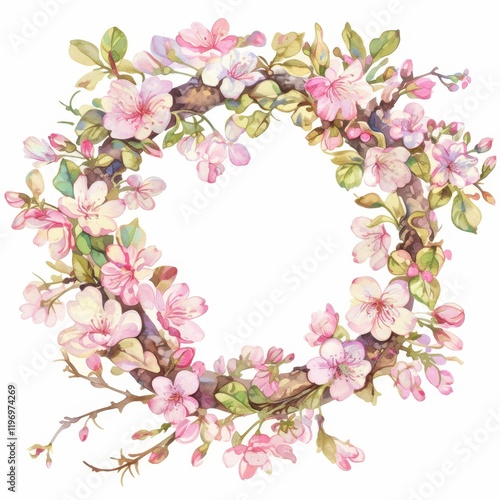 Watercolor Painting of Delicate Pink Blossom Wreath Spring Floral Frame Romantic Botanical