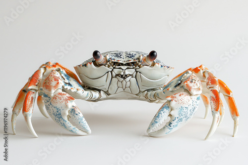 Spectacular crab, vibrant orange and blue hues, detailed shell, white background. photo