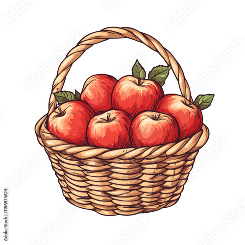Hand-Drawn Wicker Basket Full of Apples