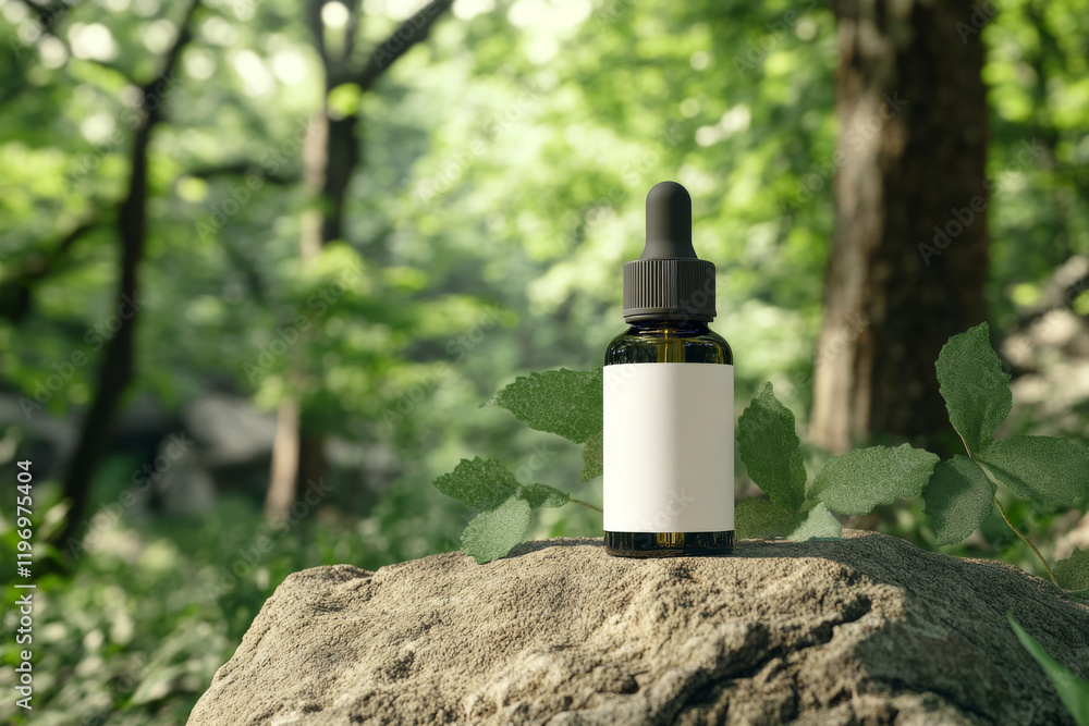 dropper bottle mockup with white blank label in the forest dropper bottle mockup with white blank label in the forest