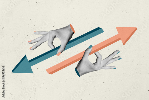 Creative photo poster trend art collage image of hands hold arrow pointer variant option regress progress up down way statistics