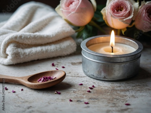 Romantic spa setting with lit candle, pink roses, white towels, and wooden spoon