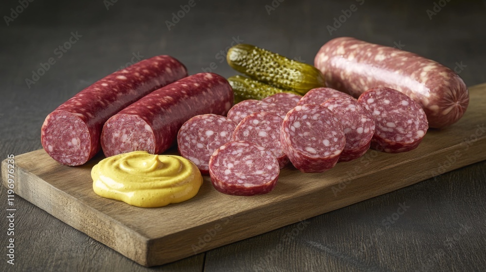 A vibrant presentation of a variety of sausages made from fresh meat, displayed on a wooden board with mustard and pickles, perfect for a casual gathering A vibrant presentation of a variety of sausages made from fresh meat, displayed on a wooden board with mustard and pickles, perfect for a casual gathering
