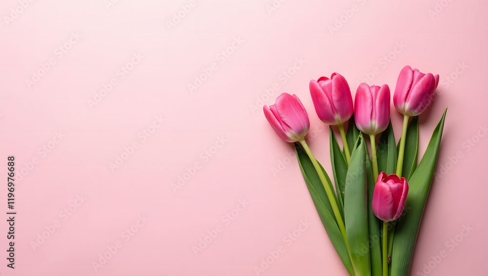 Fototapeta premium Beautiful composition spring flowers. Bouquet of pink tulips flowers on pastel pink background. Valentine's Day, Easter, Birthday, Happy Women's Day, Mother's Day. Flat lay, copy space, top view,