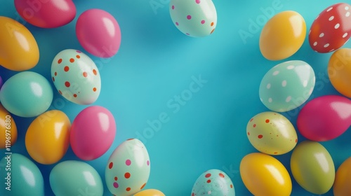 Many colorful Easter eggs on turquoise background with space for text. 