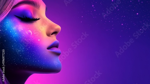 A vibrant, cosmic-themed profile of a woman with colorful, starry facial art.