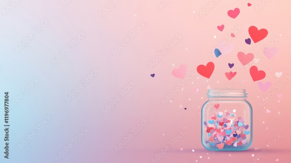 Colorful Hearts Overflowing from a Glass Jar on a Soft Gradient Background for Valentine’s Day Celebration Colorful Hearts Overflowing from a Glass Jar on a Soft Gradient Background for Valentine’s Day Celebration