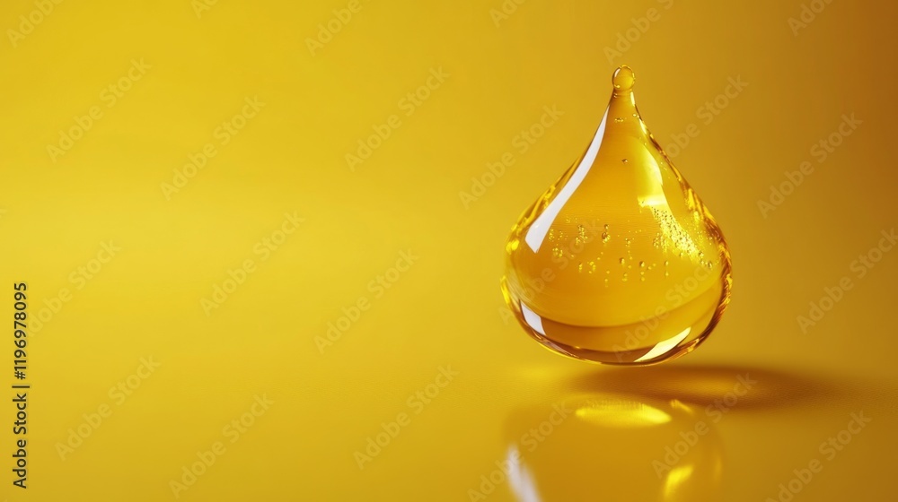 A vibrant golden droplet hangs in mid-air against a bright yellow background. The liquid appears viscous and reflects light, creating a striking visual effect A vibrant golden droplet hangs in mid-air against a bright yellow background. The liquid appears viscous and reflects light, creating a striking visual effect