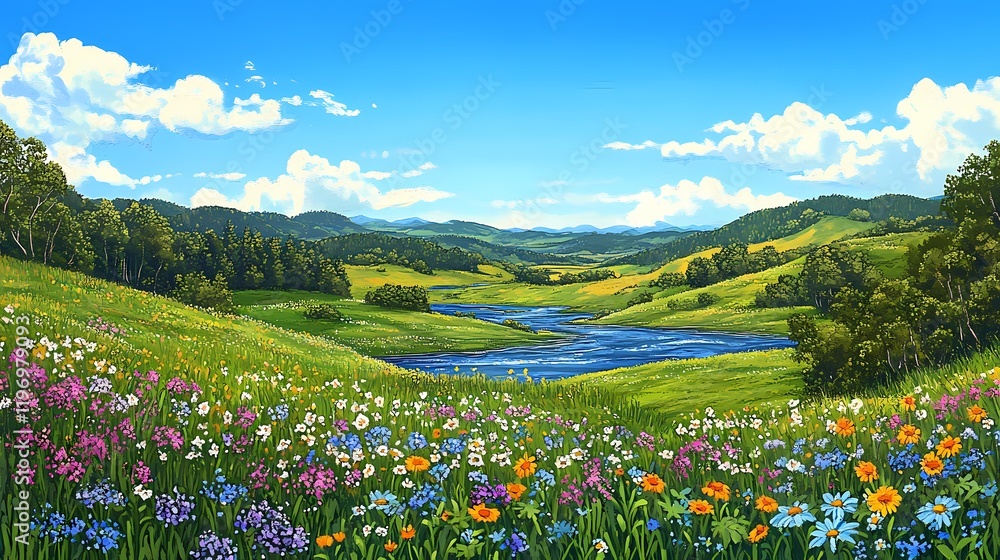 Fototapeta premium Vibrant Spring Landscape with Colorful Wildflowers, Rolling Hills, and Serene River Under a Bright Blue Sky