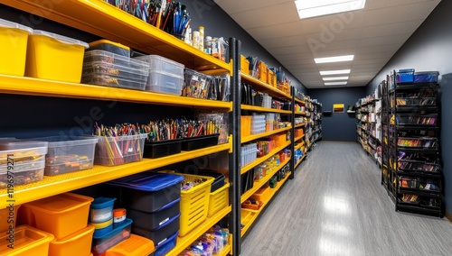 Organized storage room with yellow shelves and plastic containers of art supplies