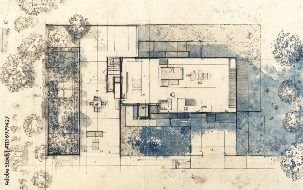 Obraz premium A detailed blueprint showcasing the layout of a modern home, with clear zones designated for work, leisure, and dining. 