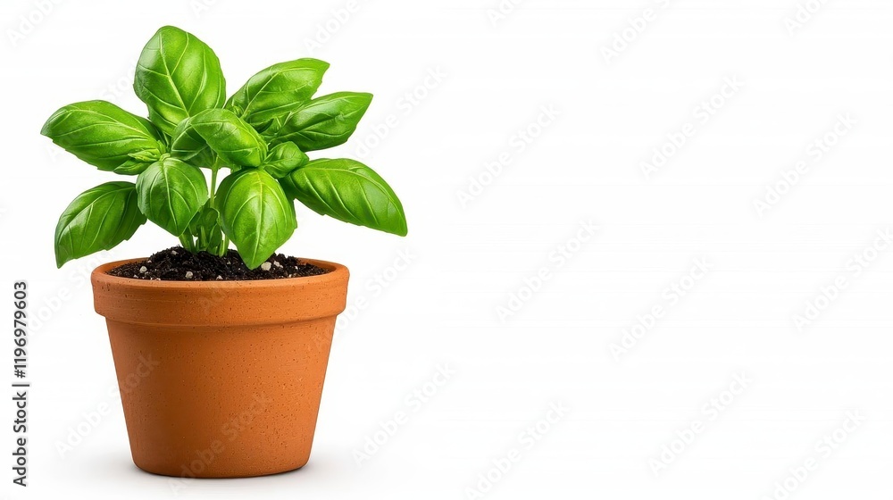 Obraz premium A photostock of a lush green basil plant growing in a terracotta pot, placed neatly on a clean white surface, symbolizing freshness and culinary inspiration. High Quality