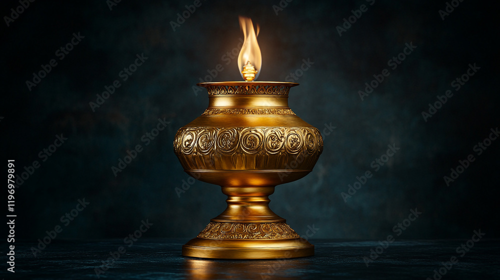 Fototapeta premium Golden lamp with flame symbolizing Ramadan traditions and spirituality in a dark setting