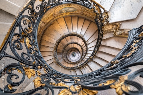 Looking down a spiraling staircase. photo