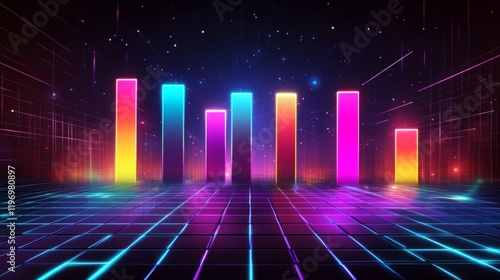 Wallpaper Mural Stylized bar graph with glowing bars in neon colors, set against a dark, tech-inspired background for a dynamic and impactful graphic Torontodigital.ca
