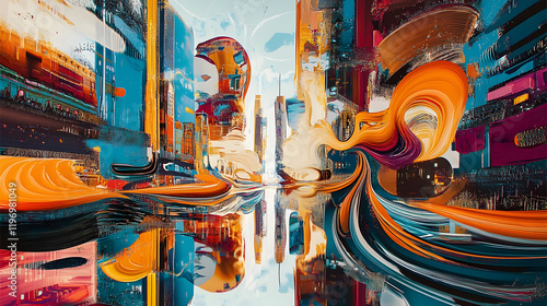 A surreal cityscape with distorted skyscrapers and swirling reflections, painted in bold primary colors mixed with metallic accents to create a futuristic dreamlike atmosphere 