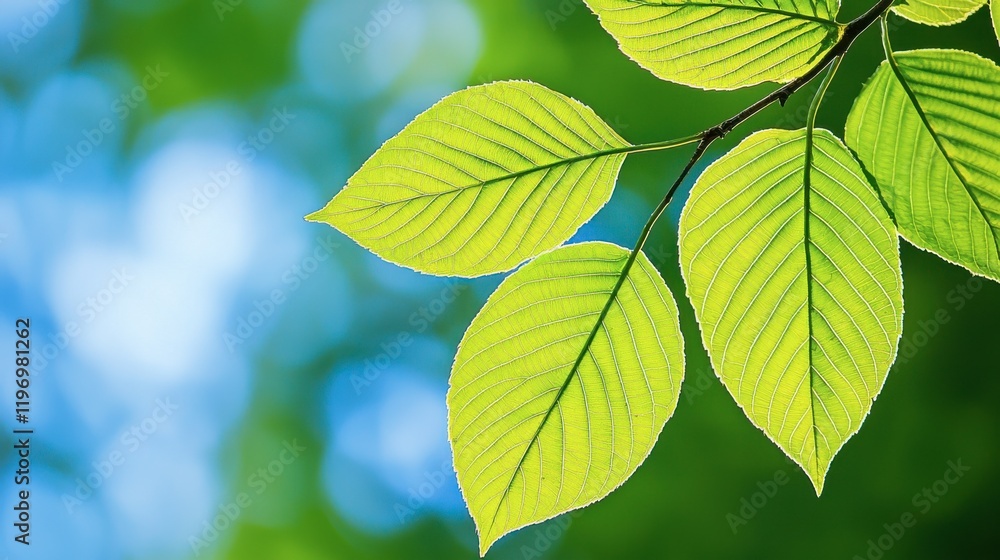 Fresh Green Leaves on Branch Against Soft Focus Nature Background