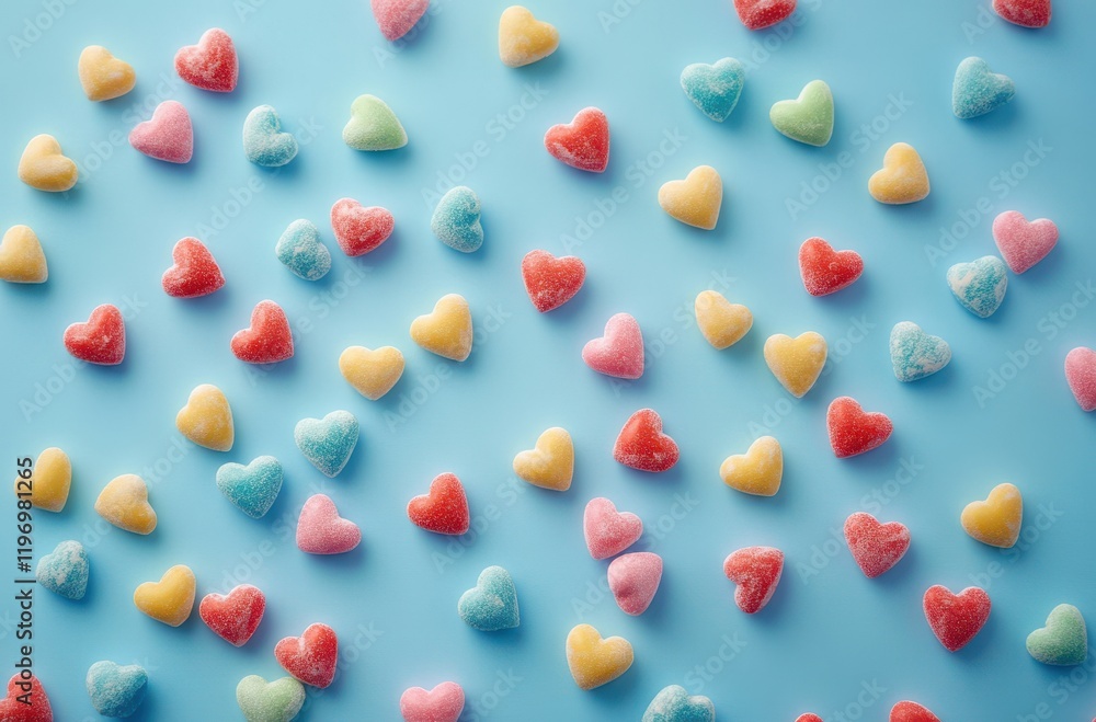 Colorful Heart-Shaped Gummies on Blue Background Creating a Whimsical and Joyful Candy Scene Perfect for Celebrations and Sweet Treat Designs Colorful Heart-Shaped Gummies on Blue Background Creating a Whimsical and Joyful Candy Scene Perfect for Celebrations and Sweet Treat Designs