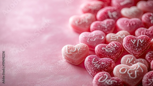 Heart-Shaped Candy Border on Pink Background for a Sweet and Romantic Design photo