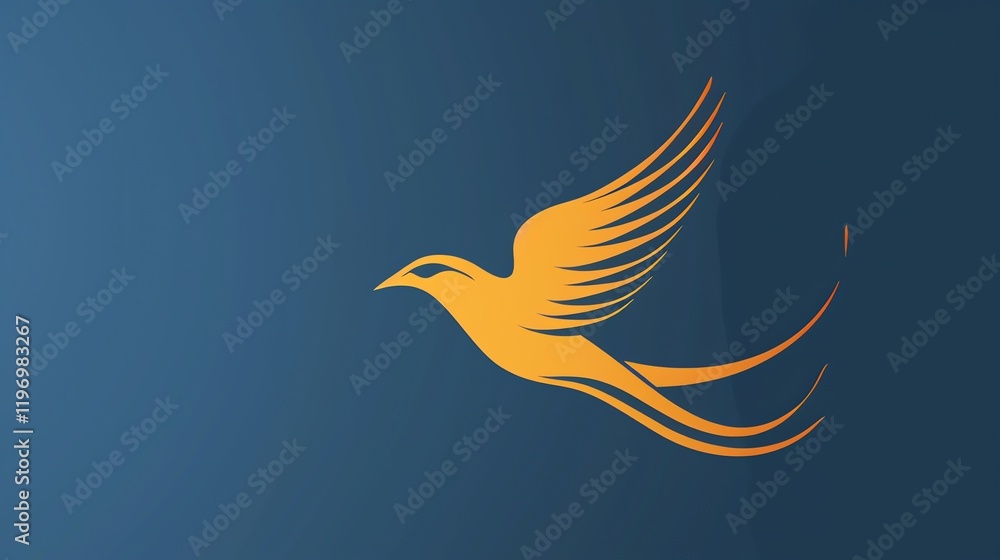 Fototapeta premium An orange stylized bird in flight on a deep blue background.
