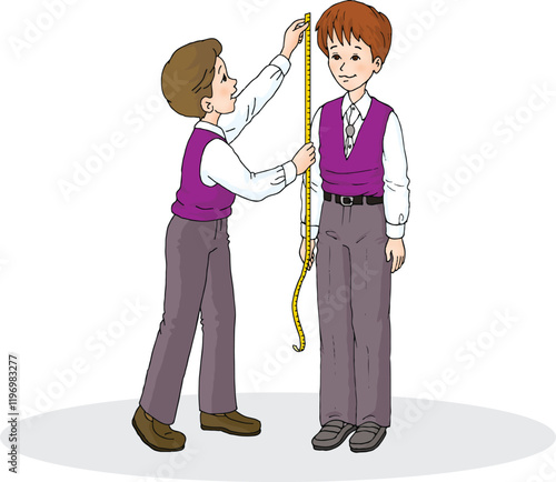 Cartoon. Little boy measuring his friend's height with a tape measure in his hand. Two student children are measuring their height with a tape measure.