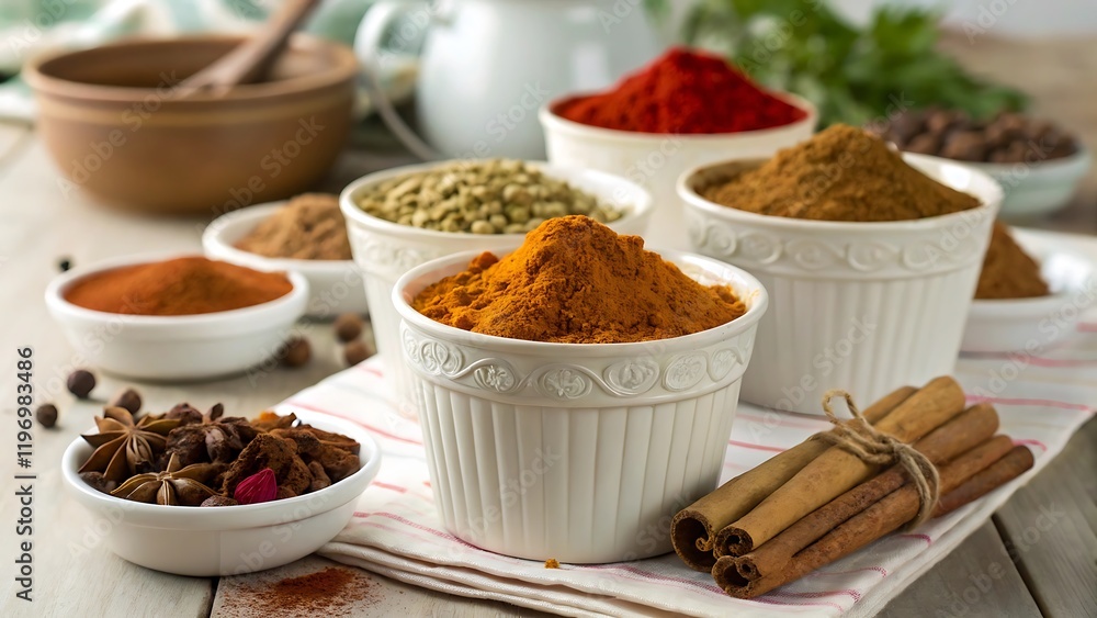 Different seasonings in cups. Spice background on the table Different seasonings in cups. Spice background on the table