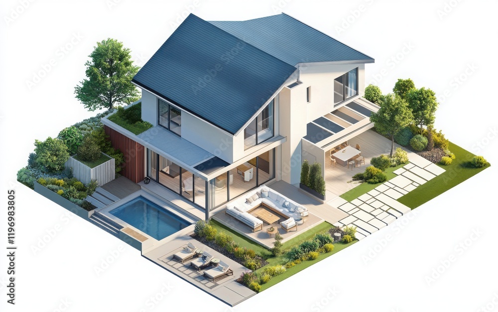 An isometric illustration of a two-story house, showcasing its open-concept design with wide-open living areas and large outdoor spaces for relaxation and entertainment. An isometric illustration of a two-story house, showcasing its open-concept design with wide-open living areas and large outdoor spaces for relaxation and entertainment.