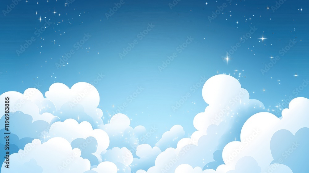 Soft, fluffy clouds against a bright blue sky with sparkling stars Soft, fluffy clouds against a bright blue sky with sparkling stars