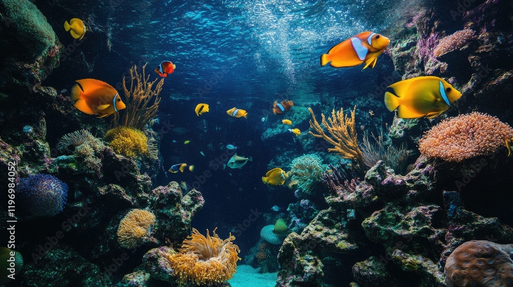 Fototapeta premium A vibrant aquarium tank filled with colorful tropical fish swimming among rocks and plants, creating a lively underwater scene.